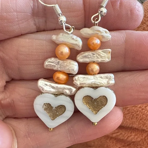 Hand Crafted Heart Earrings with Pearl Accent Beads - Picture 2 of 2